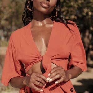 H30 Toluca Swim Maria Tie-front Linen Top - Clay size M